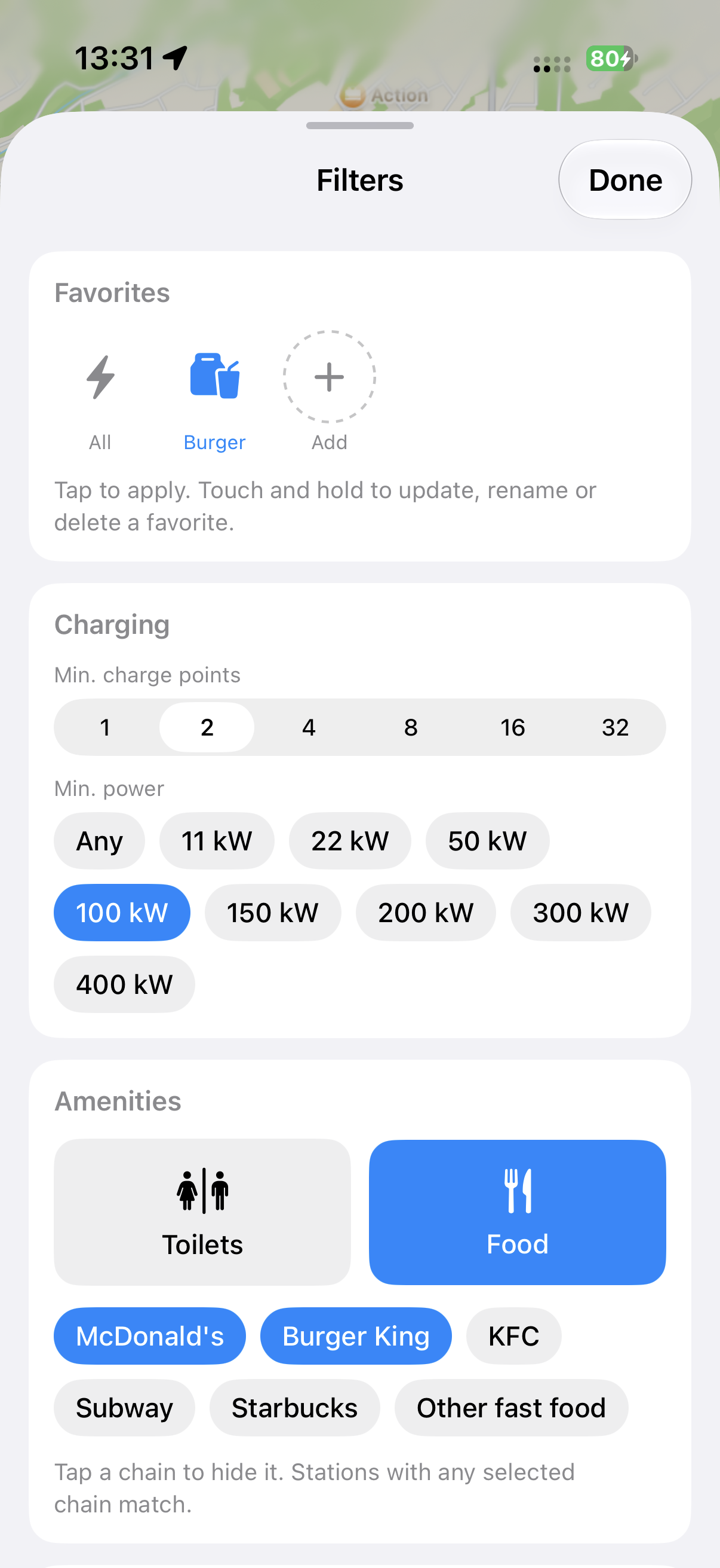Filter screen for charge points, power, and amenities