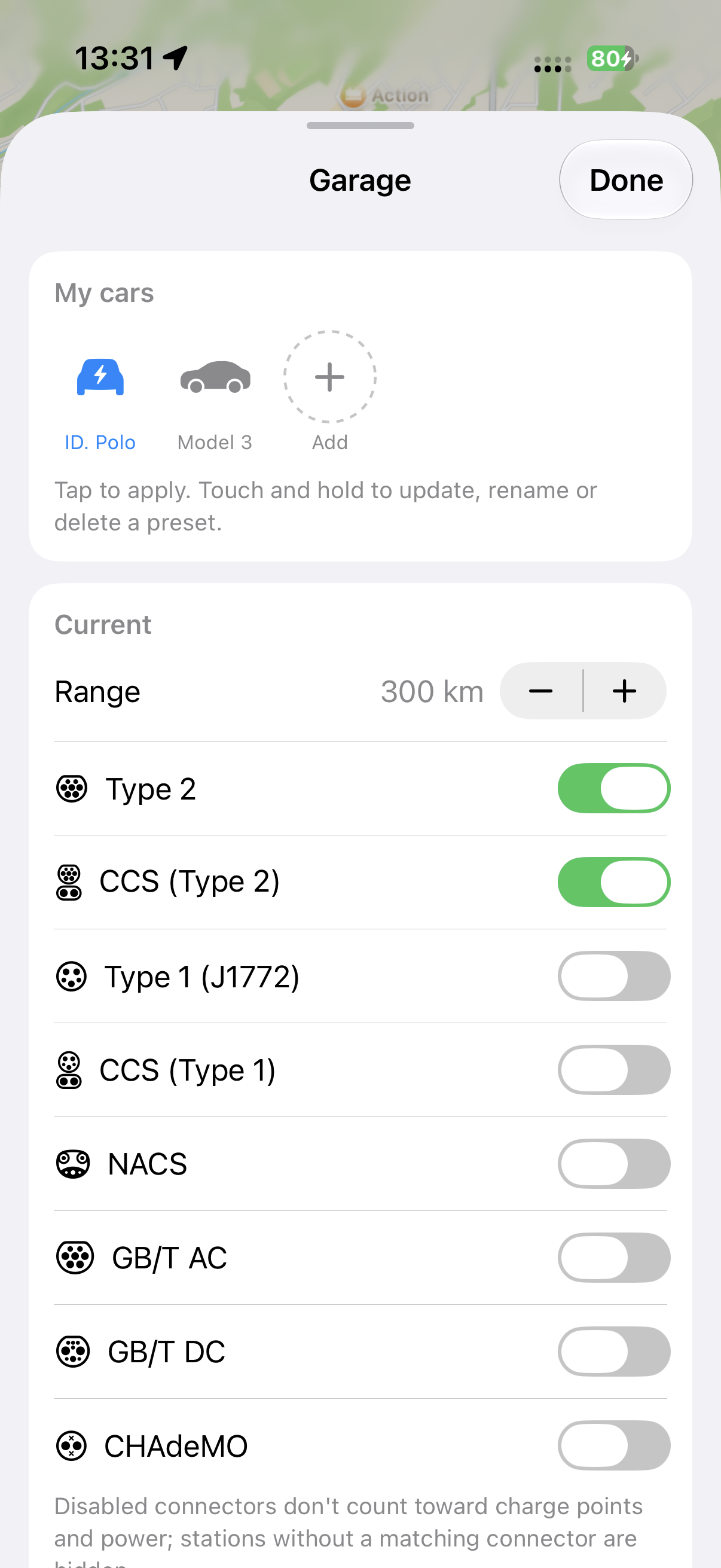 Garage screen for setting up your car and connector types